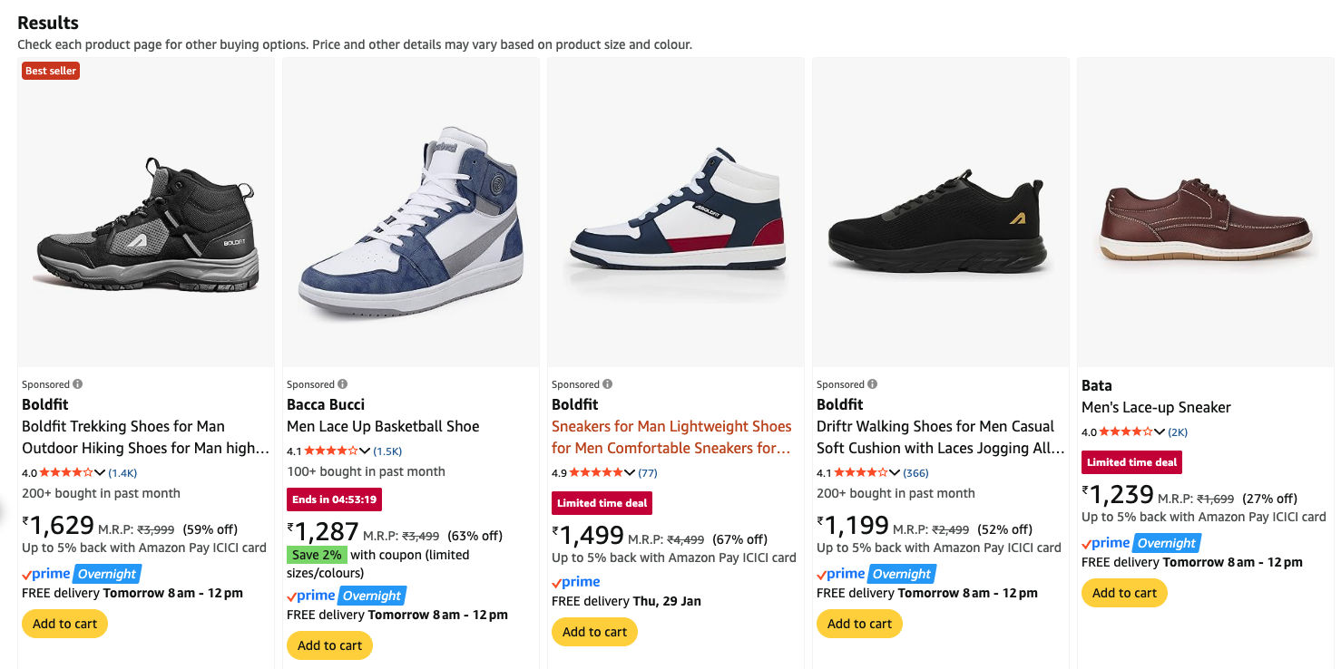 Amazon search results showing 4 sponsored products before the first organic result