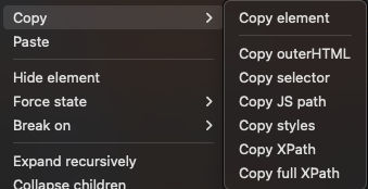 Chrome DevTools context menu showing Copy outerHTML option